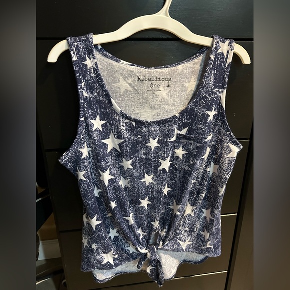 Rebellious One Tops - Tie Front printed tank in Blue and white stars